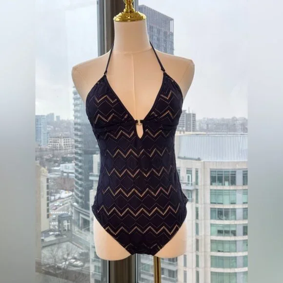 🆕 ZIMMERMANN 🧿NWOT Pointelle-Knit Halterneck Swimsuit, Plum-Navy, Sz 3 US 8/10 - Picture 3 of 14